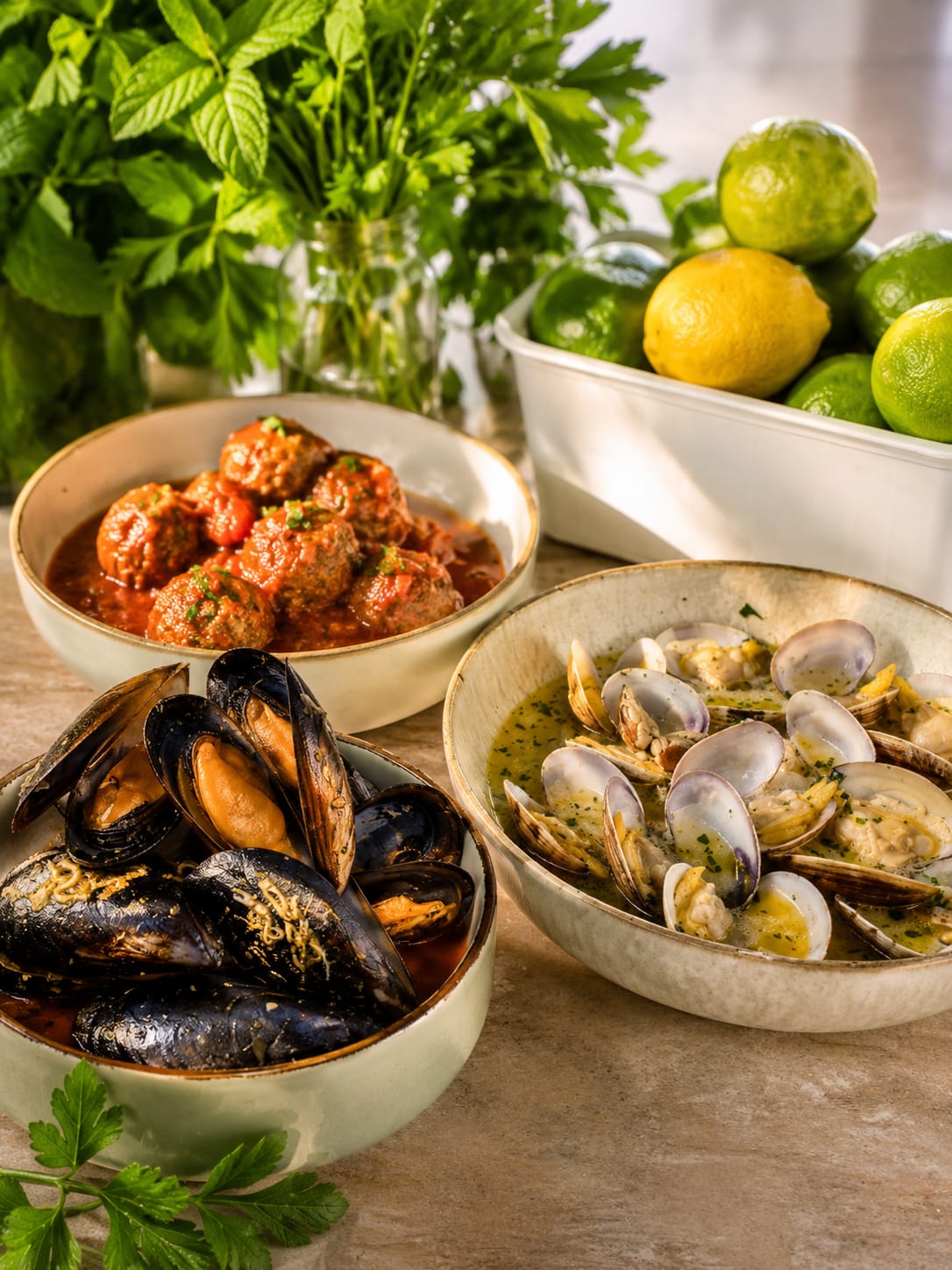 Mejillones, almejas y albóndigas con hierbas frescas