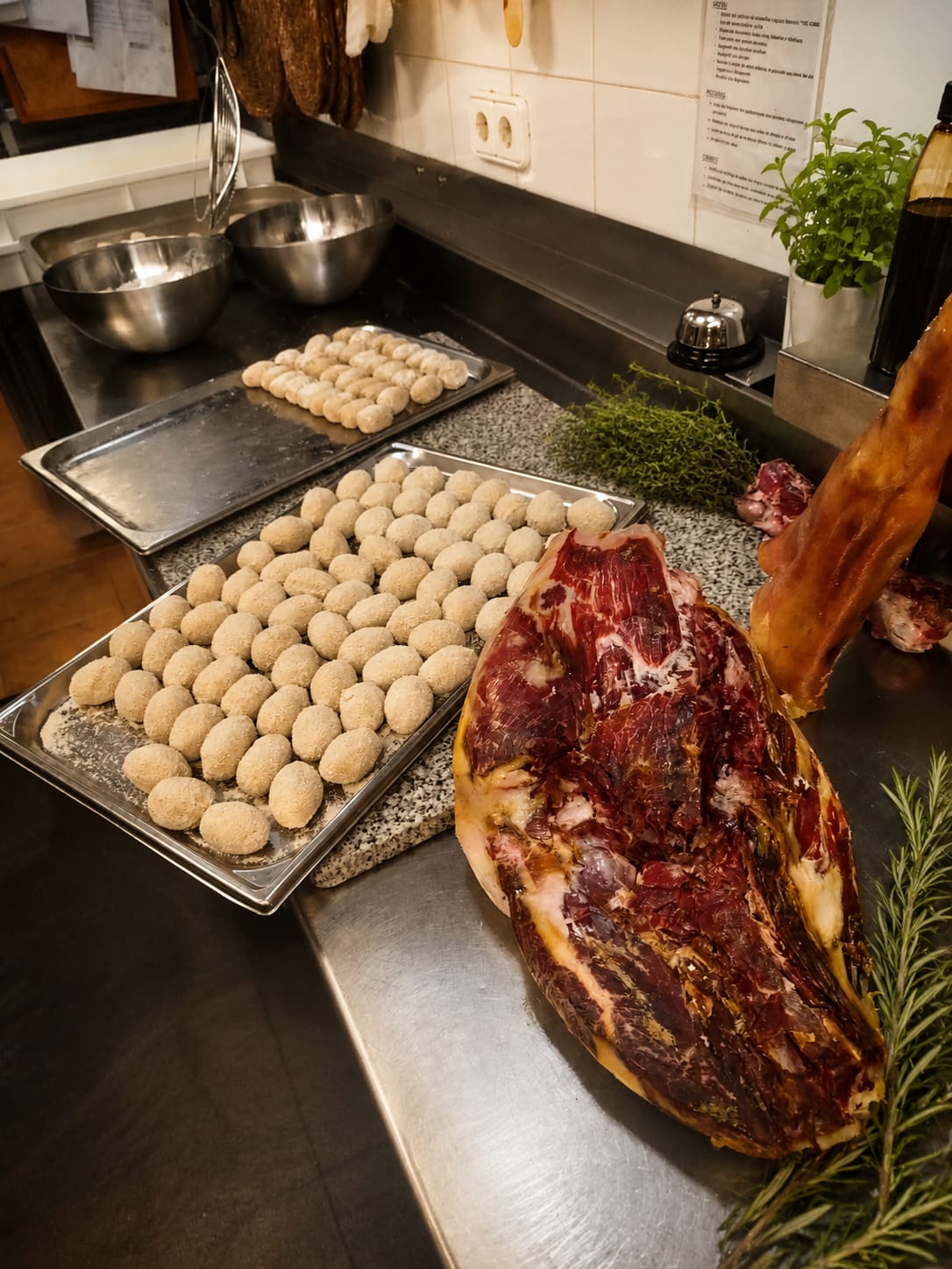 Jamón y croquetas caseras en la cocina de Pomelo