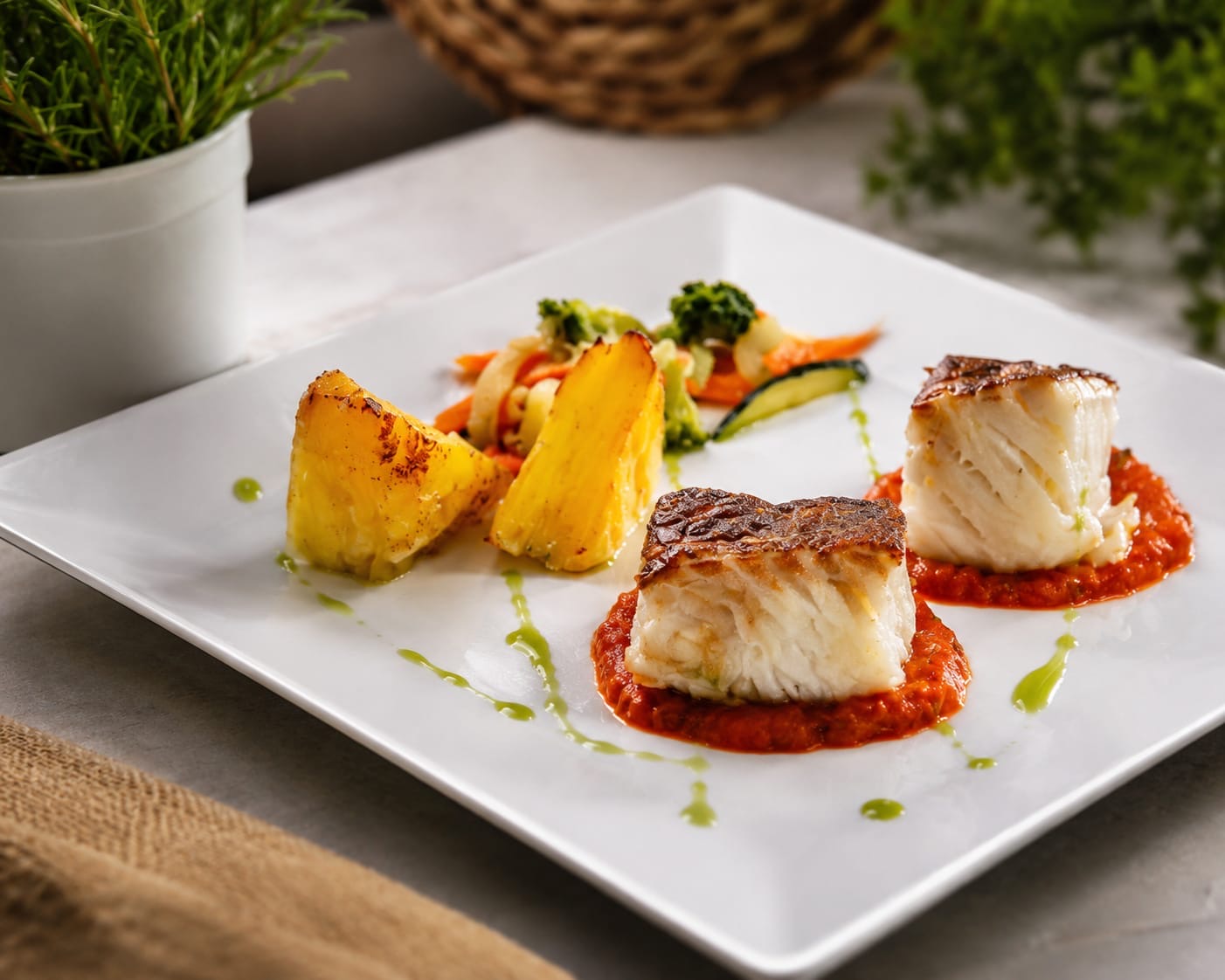 Lomos de pescado con salsa de pimiento y verduras
