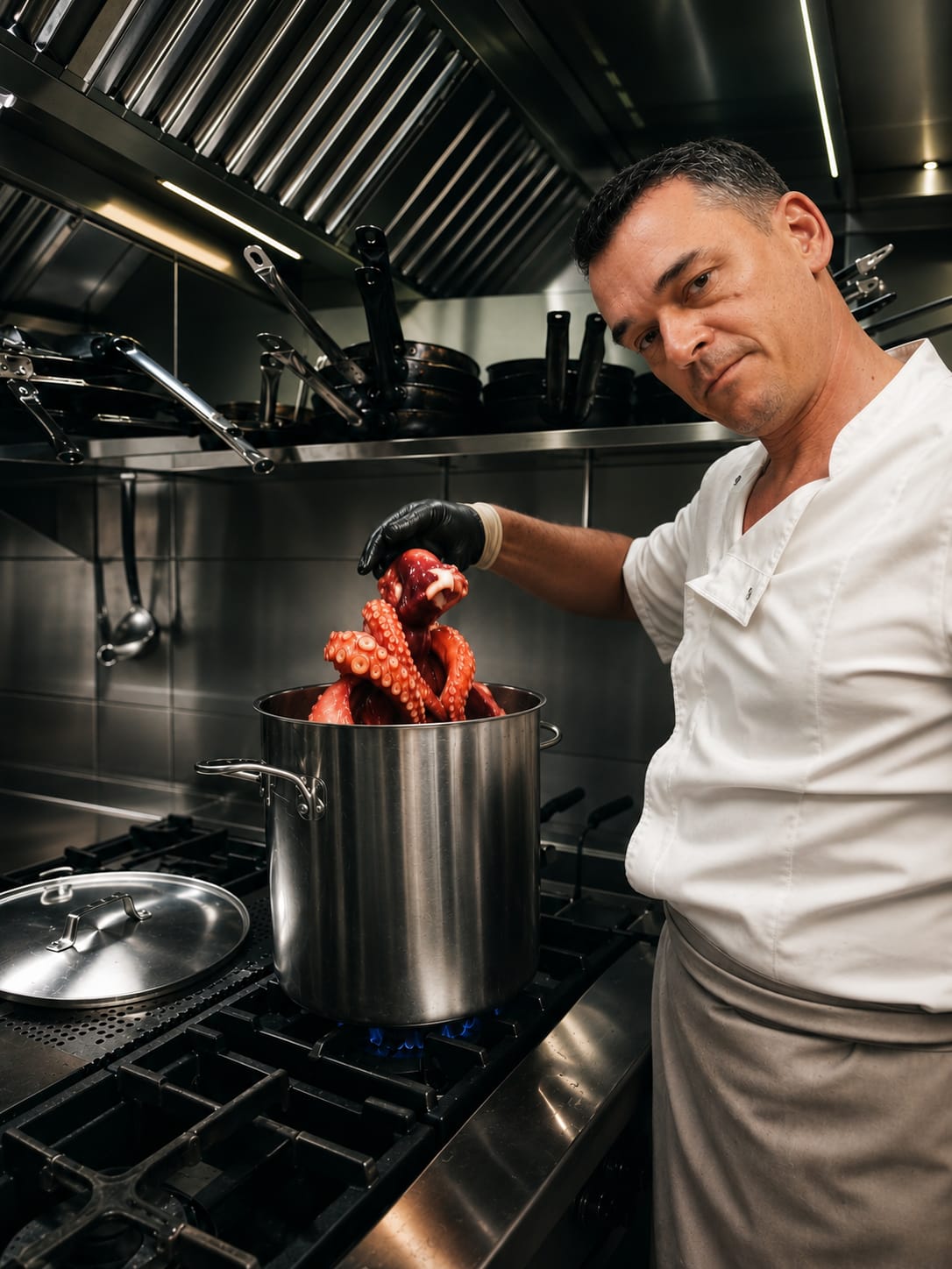 Cocinero preparando pulpo en la cocina