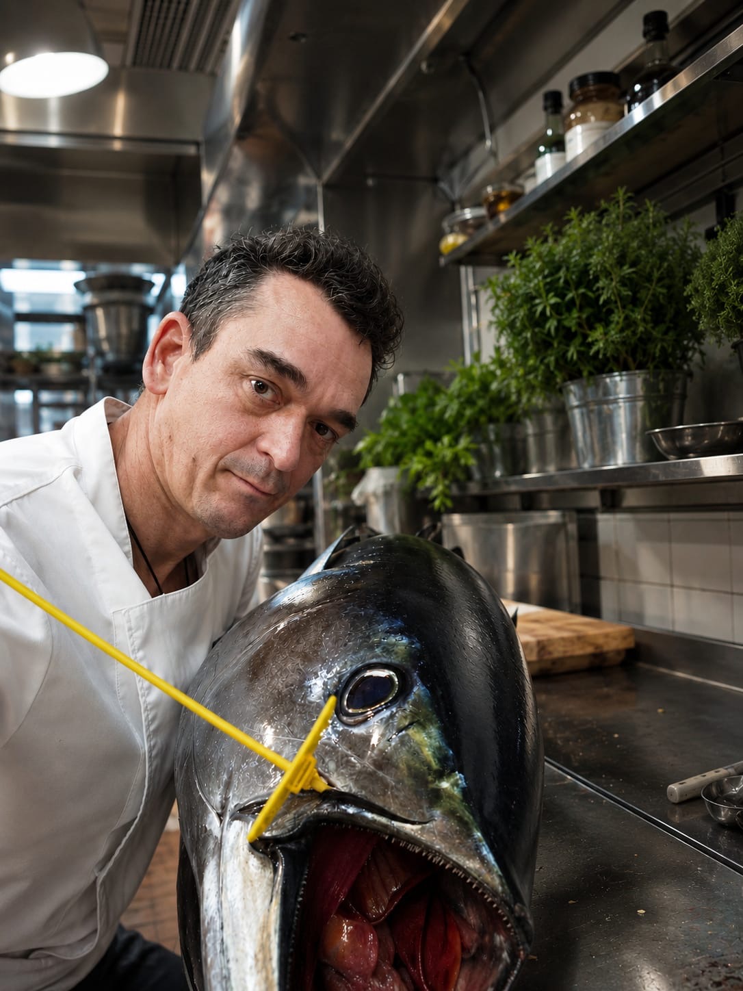 Chef de Pomelo con un atún fresco recién llegado a la cocina